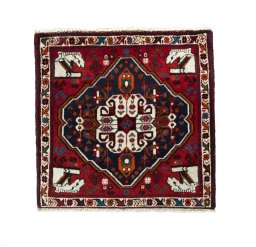 Full view of 2000s Shiraz rug from Iran / Persia, 60 × 61 cm in Red tones