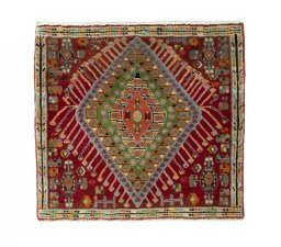 Full view of 2000s Shiraz rug from Iran / Persia, 51 × 55 cm in Red tones