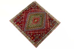 Corner detail of 2000s Shiraz rug showing border pattern and Wool pile