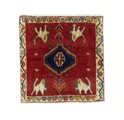 Full view of 2000s Shiraz rug from Iran / Persia, 60 × 59 cm in Red tones