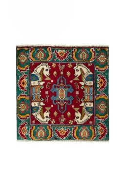 Full view of 2000s Shiraz rug from Iran / Persia, 65 × 64 cm in Red tones