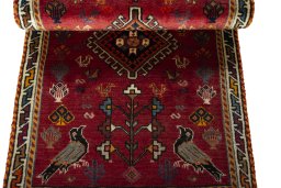 Full view of 2000s Shiraz rug from Iran / Persia, 130 × 63 cm in Red tones
