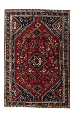 Full view of 2000s Shiraz rug from Iran / Persia, 233 × 158 cm in Red tones