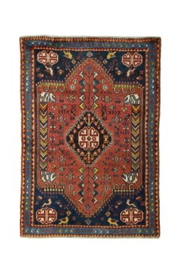 Full view of 2000s Shiraz rug from Iran / Persia, 142 × 98 cm in Red tones