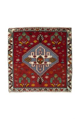 Full view of 2000s Shiraz rug from Iran / Persia, 65 × 64 cm in Red tones
