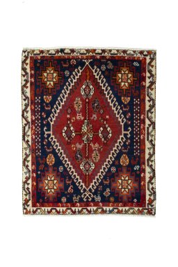 Full view of 2000s Shiraz rug from Iran / Persia, 73 × 60 cm in Red tones