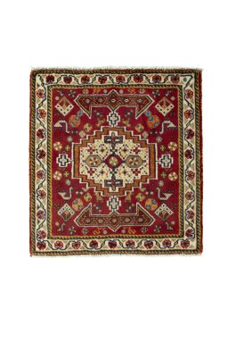 Full view of 2000s Shiraz rug from Iran / Persia, 64 × 61 cm in Red tones