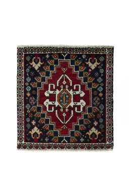 Full view of 2000s Shiraz rug from Iran / Persia, 63 × 59 cm in Red tones