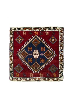 Full view of 2000s Shiraz rug from Iran / Persia, 58 × 59 cm in Red tones