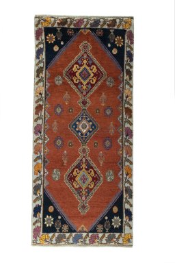 Full view of 2000s Shiraz rug from Iran / Persia, 288 × 128 cm in Red tones