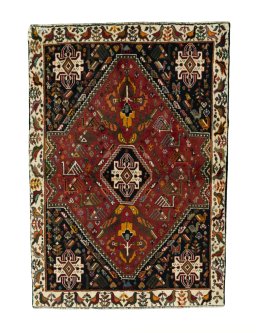 Full view of 2000s Shiraz rug from Iran / Persia, 166 × 116 cm in Red tones