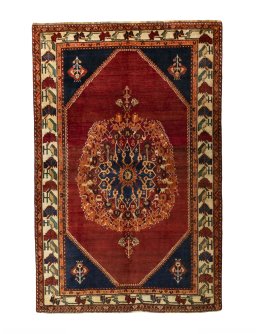 Full view of 2000s Shiraz rug from Iran / Persia, 249 × 162 cm in Red tones