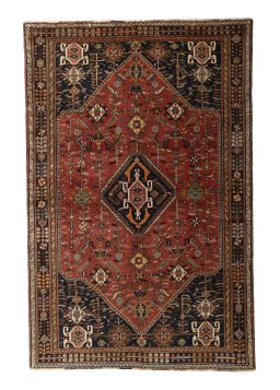 Full view of 2000s Shiraz rug from Iran / Persia, 254 × 165 cm in Red tones