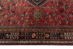 Full view of 2000s Shiraz rug from Iran / Persia, 254 × 165 cm in Red tones