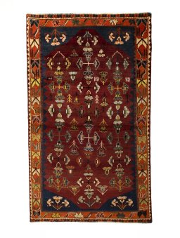 Full view of 2000s Shiraz rug from Iran / Persia, 214 × 128 cm in Red tones