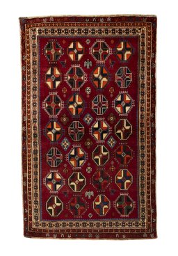 Full view of 2000s Shiraz rug from Iran / Persia, 213 × 128 cm in Red tones