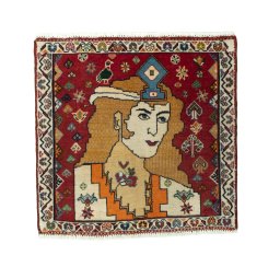 Full view of 2000s Shiraz rug from Iran / Persia, 59 × 60 cm in Red tones