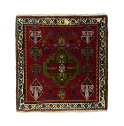 Full view of 2000s Shiraz rug from Iran / Persia, 61 × 59 cm in Red tones