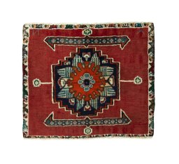 Full view of 2000s Shiraz rug from Iran / Persia, 50 × 58 cm in Red tones