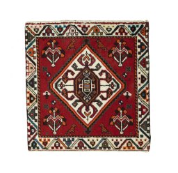 Full view of 2000s Shiraz rug from Iran / Persia, 59 × 58 cm in Red tones