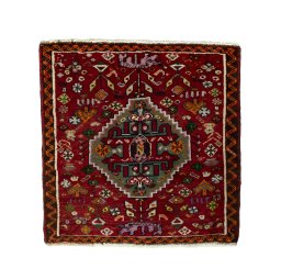 Full view of 2000s Shiraz rug from Iran / Persia, 62 × 61 cm in Red tones