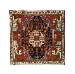 Full view of 2000s Shiraz rug from Iran / Persia, 67 × 68 cm in Red tones