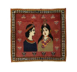 Full view of 2000s Shiraz rug from Iran / Persia, 59 × 65 cm in Red tones