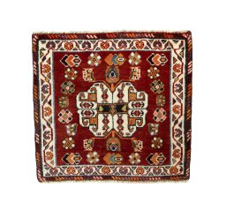 Full view of 2000s Shiraz rug from Iran / Persia, 55 × 59 cm in Red tones