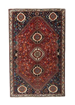 Full view of 1970s Shiraz rug from Iran / Persia, 283 × 180 cm in Red tones