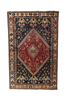 Full view of 2000s Shiraz rug from Iran / Persia, 278 × 177 cm in Red tones