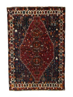 Full view of 2000s Shiraz rug from Iran / Persia, 249 × 174 cm in Red tones