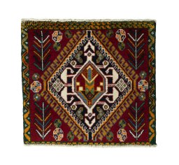 Full view of 2000s Shiraz rug from Iran / Persia, 50 × 55 cm in Red tones