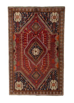 Full view of 2000s Shiraz rug from Iran / Persia, 276 × 174 cm in Red tones