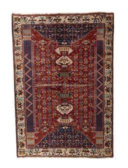 Full view of 2000s Shiraz rug from Iran / Persia, 298 × 207 cm in Red tones