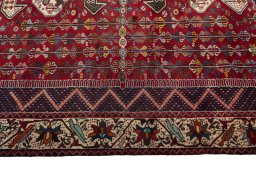 Full view of 2000s Shiraz rug from Iran / Persia, 298 × 207 cm in Red tones