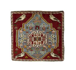 Full view of 2000s Shiraz rug from Iran / Persia, 58 × 61 cm in Red tones