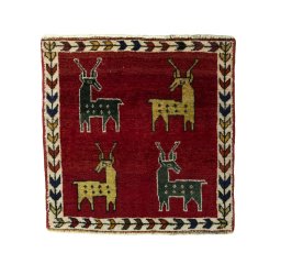 Full view of 2000s Shiraz rug from Iran / Persia, 56 × 56 cm in Red tones