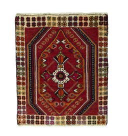 Full view of 2000s Shiraz rug from Iran / Persia, 62 × 53 cm in Red tones