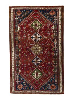 Full view of 2000s Shiraz rug from Iran / Persia, 268 × 168 cm in Red tones