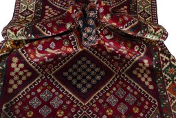 Corner detail of 2000s Shiraz rug showing border pattern and Wool pile
