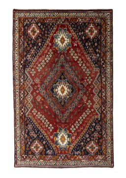 Full view of 2000s Shiraz rug from Iran / Persia, 250 × 160 cm in Red tones
