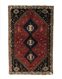 Full view of 2000s Shiraz rug from Iran / Persia, 270 × 178 cm in Red tones