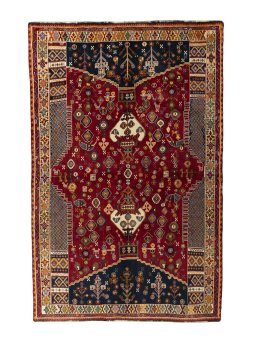 Full view of 2000s Shiraz rug from Iran / Persia, 258 × 166 cm in Red tones