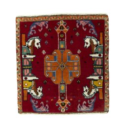 Full view of 2000s Shiraz rug from Iran / Persia, 61 × 57 cm in Red tones