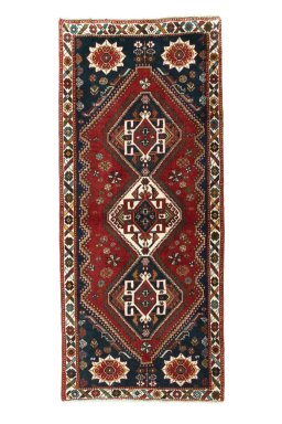 Full view of 2000s Shiraz rug from Iran / Persia, 196 × 86 cm in Red tones