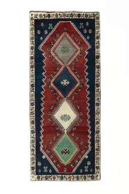 Full view of 2000s Shiraz rug from Iran / Persia, 211 × 90 cm in Red tones