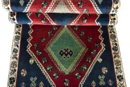 Full view of 2000s Shiraz rug from Iran / Persia, 211 × 90 cm in Red tones