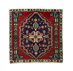 Full view of 2000s Shiraz rug from Iran / Persia, 70 × 70 cm in Red tones