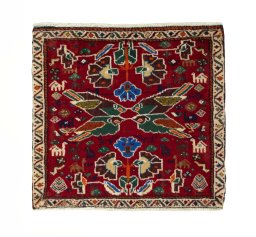 Full view of 2000s Shiraz rug from Iran / Persia, 67 × 70 cm in Red tones