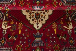 Corner detail of 2000s Shiraz rug showing border pattern and Wool pile